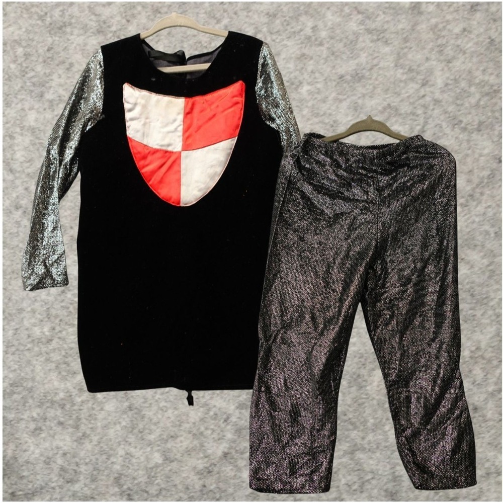 Vintage Knight Costume 3pc Set Boys 4 Black Silver Tunic Pants Hood Halloween